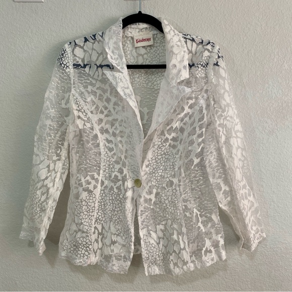 VTG Kaleidoscope Sheer White Burnout Animal Print Blazer Jacket Mesh Sz L - Picture 2 of 7